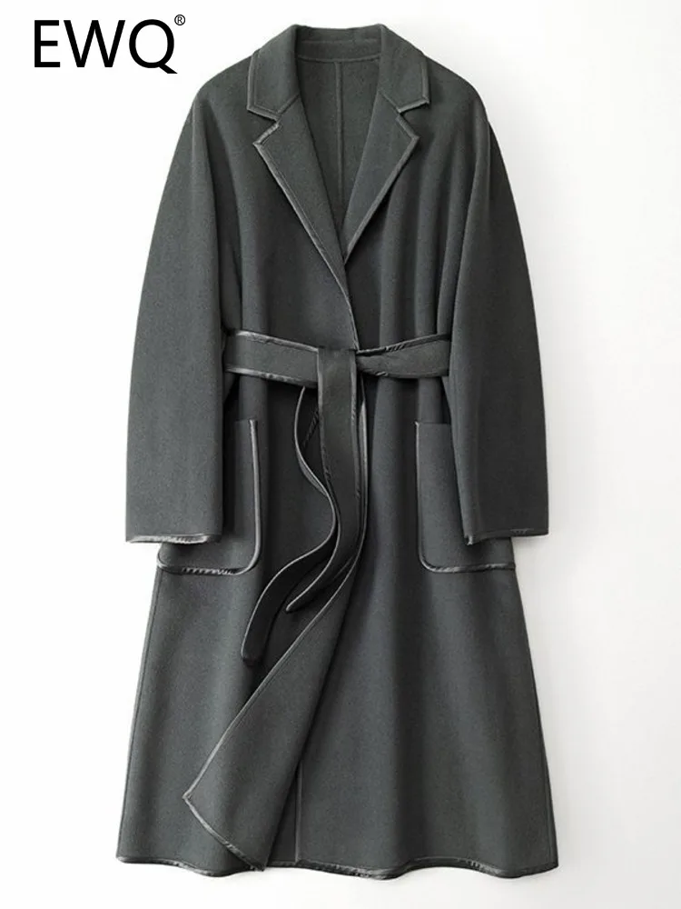 

EWQ Woolen Lace-up Pockets Solid High Waist A-line Design Trench Coat For Women 2023 Autumn Winter New Women's Windbreaker 3494