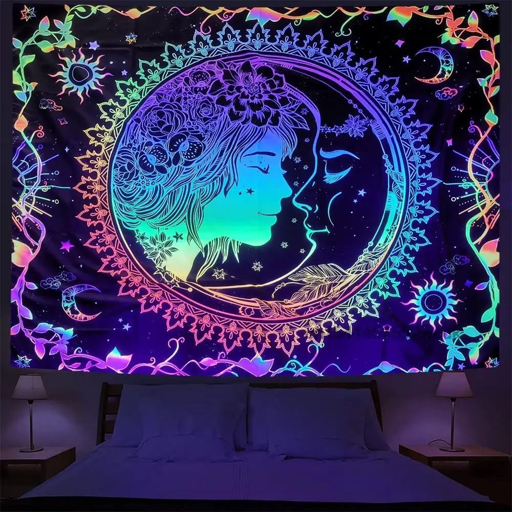 Moon Phase Blacklight Tapestry Glow in the Dark Mandala Flower Tarot