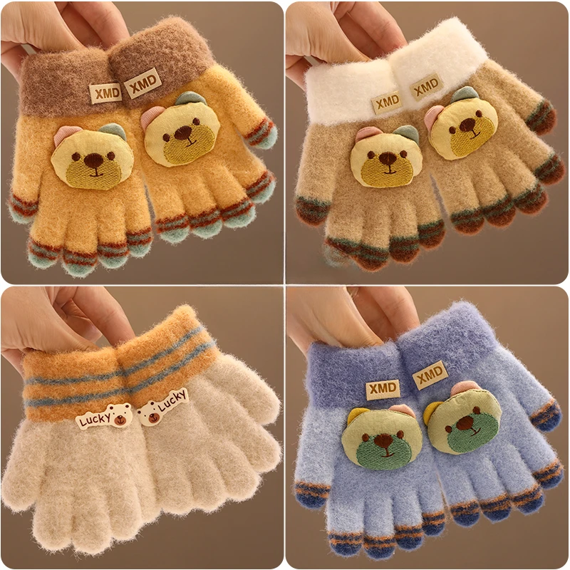Boys Girls Winter Knitting Bowknot Bear Plush Soft Five Finger Gloves Children Outdoor Warm Gloves Kids Colors