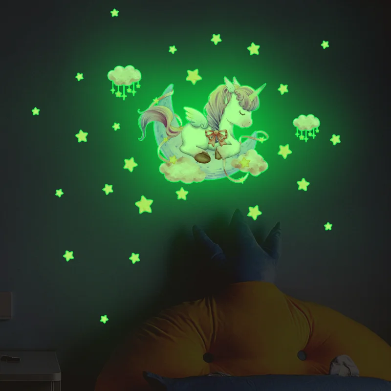 Unicorn Stars Luminous Wall Sticker Baby Kids Room Decoration Decals Bedroom Background Decor Glow In The Dark Wall paper Luminous Wall Stickers