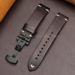 Vintage Oil Wax Leather Watch Band with Butterfly Buckle - Cowhide Strap Bracelet - 22mm (Dark Brown - Black)