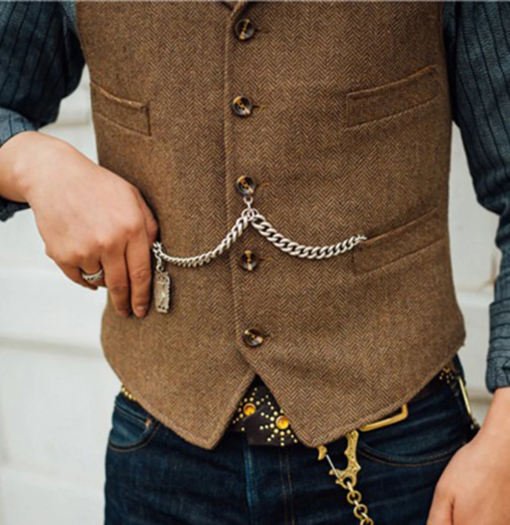 New Herringbone Vests For Men Notch Lapel Woolen Tweed Waistcoat Vintage Groomsmen Wedding Suits Vest Customizable S-5XL