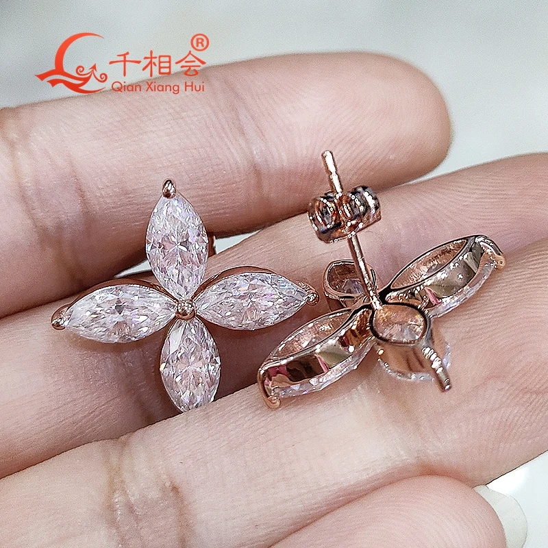 S925 silver 4.5*9mm marquise shape Four -leaf grass white moissanite stone ear stud Earing  jewelry gift datting women wedding