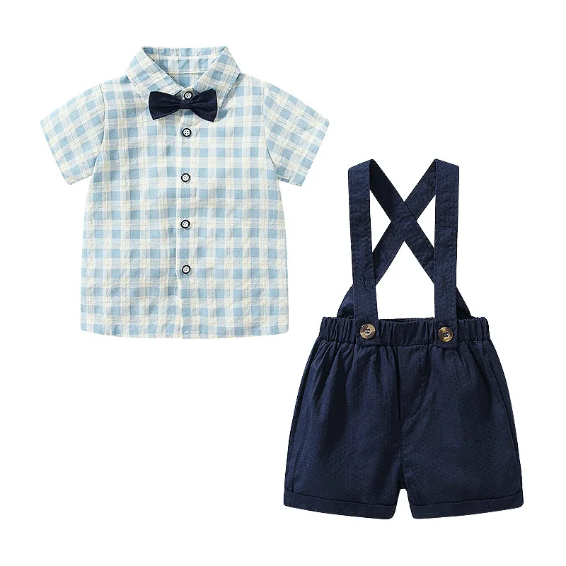 

Ins Summer 2024 Korea Newborn Boy 2PCS Short Sleeve Lapel Bow Lattice Gentelman Infant Boy Shirt Elastic Waist Baby Boy Overalls