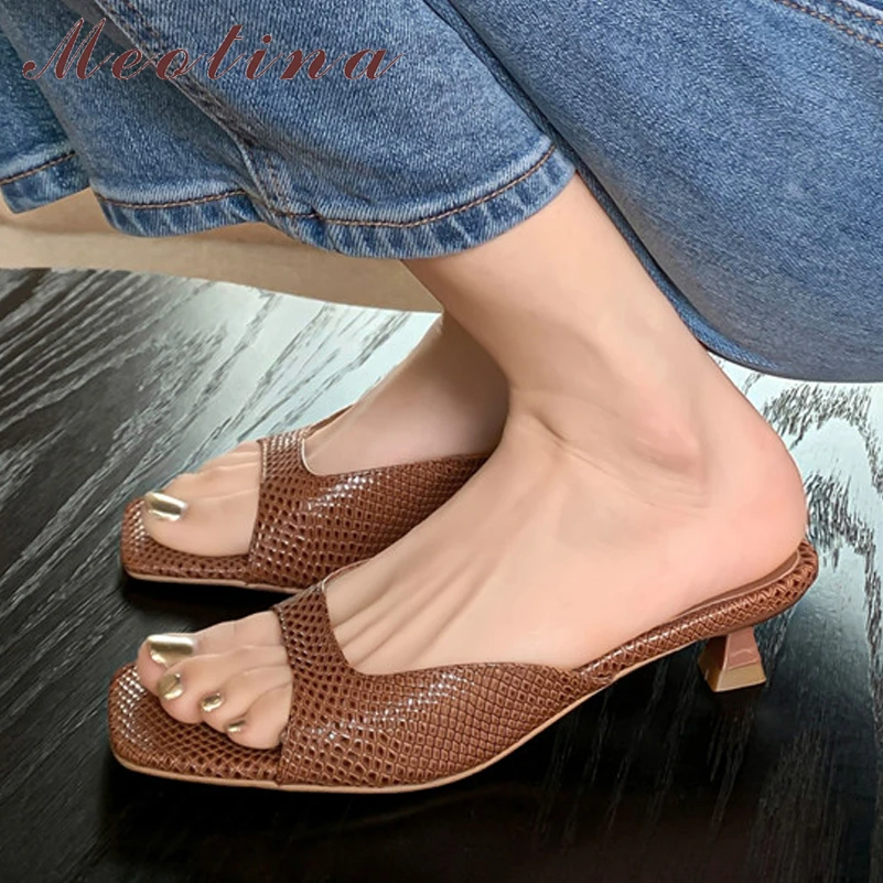 

Meotina Women Genuine Leather Slides Square Toe Thick Mid Heels Sandals Concise Slippers Ladies Fashion Casual Shoes Summer 40