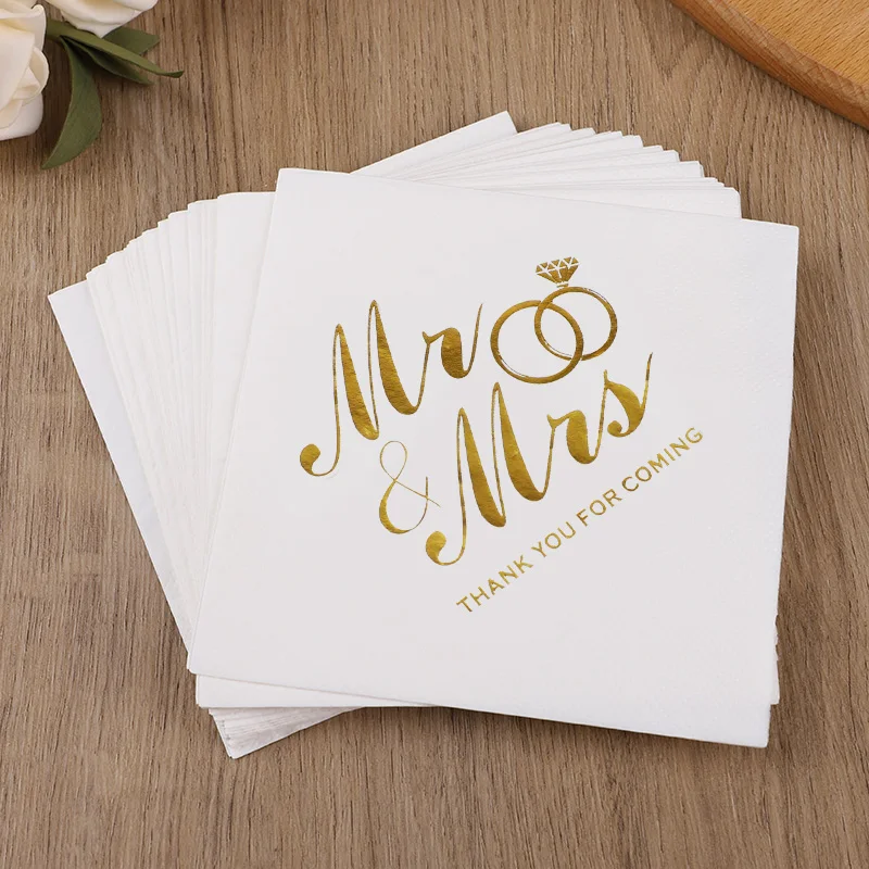 20-100Pcs Mr Mrs Paper Napkins Wedding Table Decoration Bronzing Cocktail Dessert Disposable Napkin Bridal Shower Party Supplies