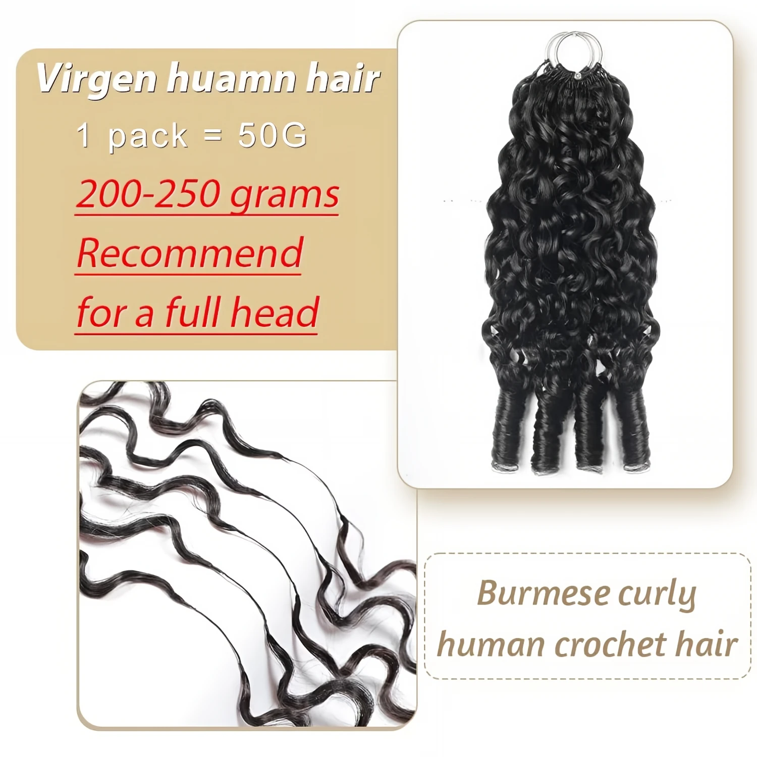 Capelli umani ricci birmani per crochet, senza nodi, pre-separati, leggeri, riutilizzabili, extension di capelli Remy 12A - immagine 2