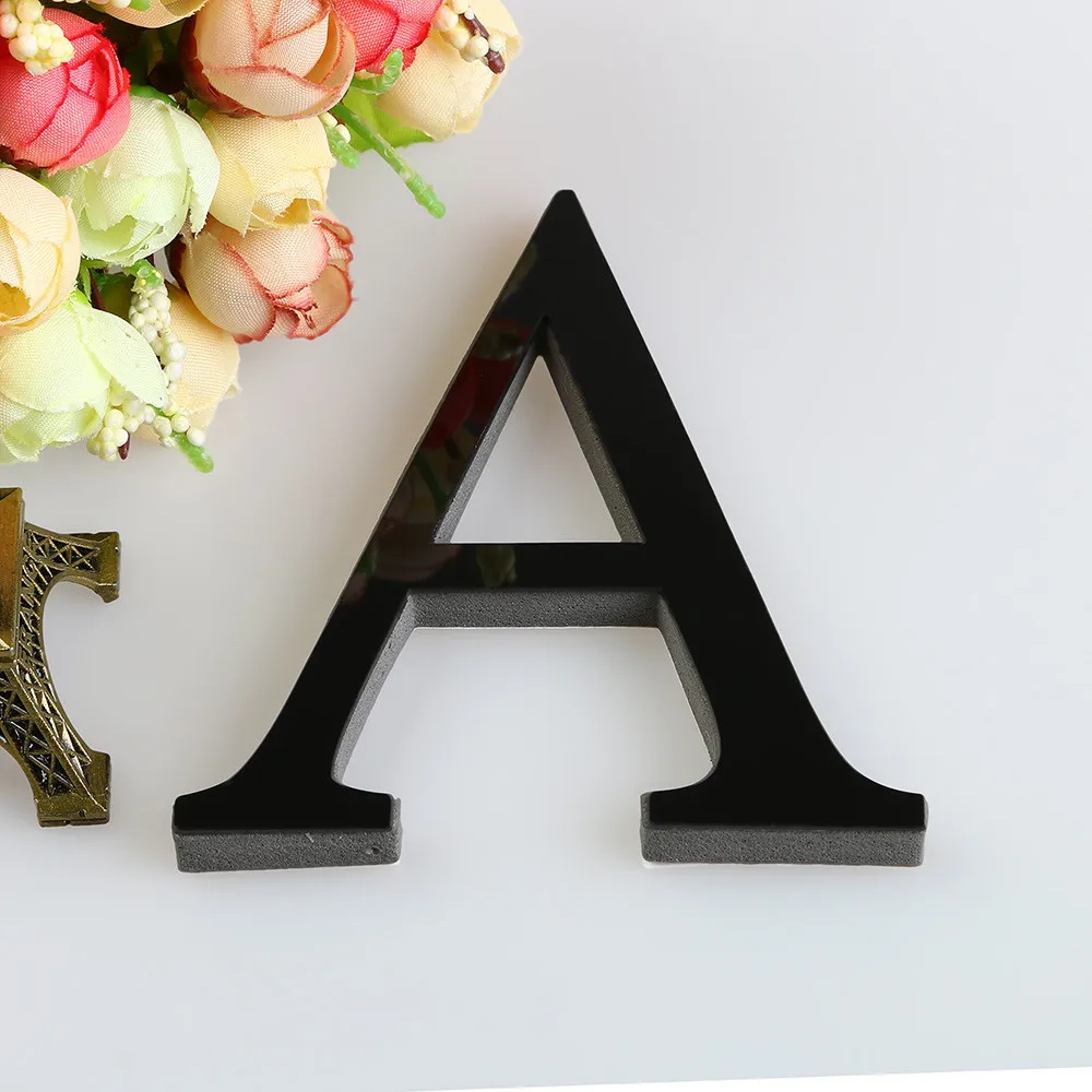 3D Espelho Letters Adesivos de parede para Home Decor, preto, ouro, decalque de prata, alfabeto acrílico, arte letra inglesa, decoração mural, 20cm