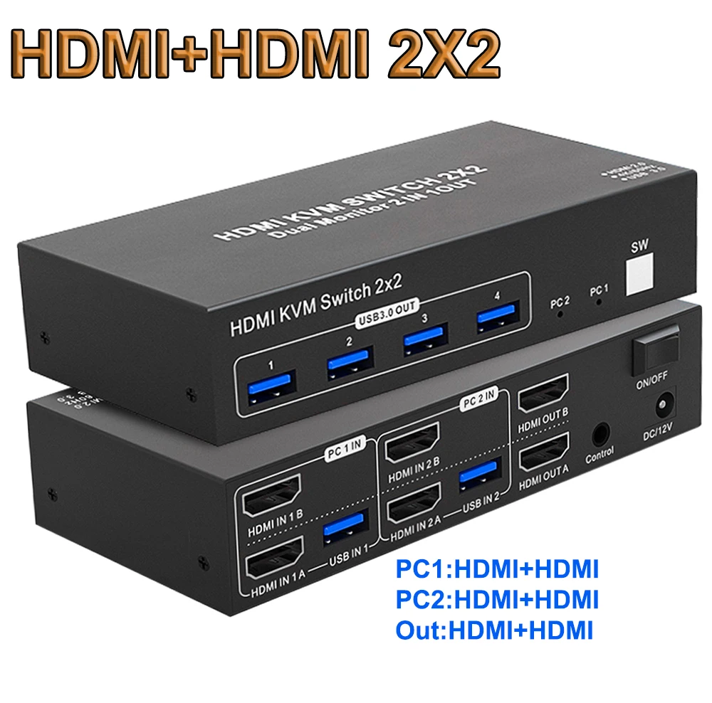 2X2 KVM Switch Dual Monitor 4k 60Hz HDMI 2.0 KVM Switch Extended DisplayPort USB 3.0 KVM Switch 2 in 2 out for PC