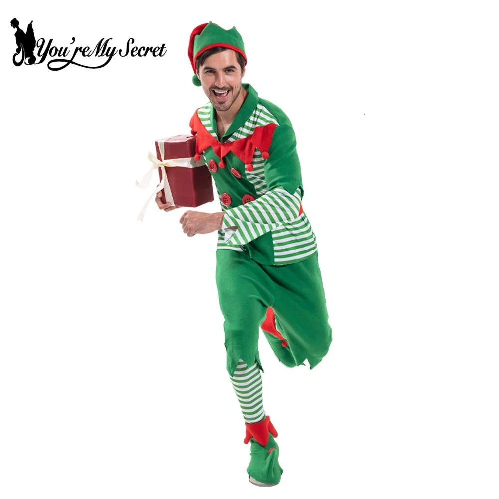 You're My Secret Christmas Santa Claus Costume Green Elf Cosplay Family Carnival Party New Year Fancy Dress Clothes Set For Men