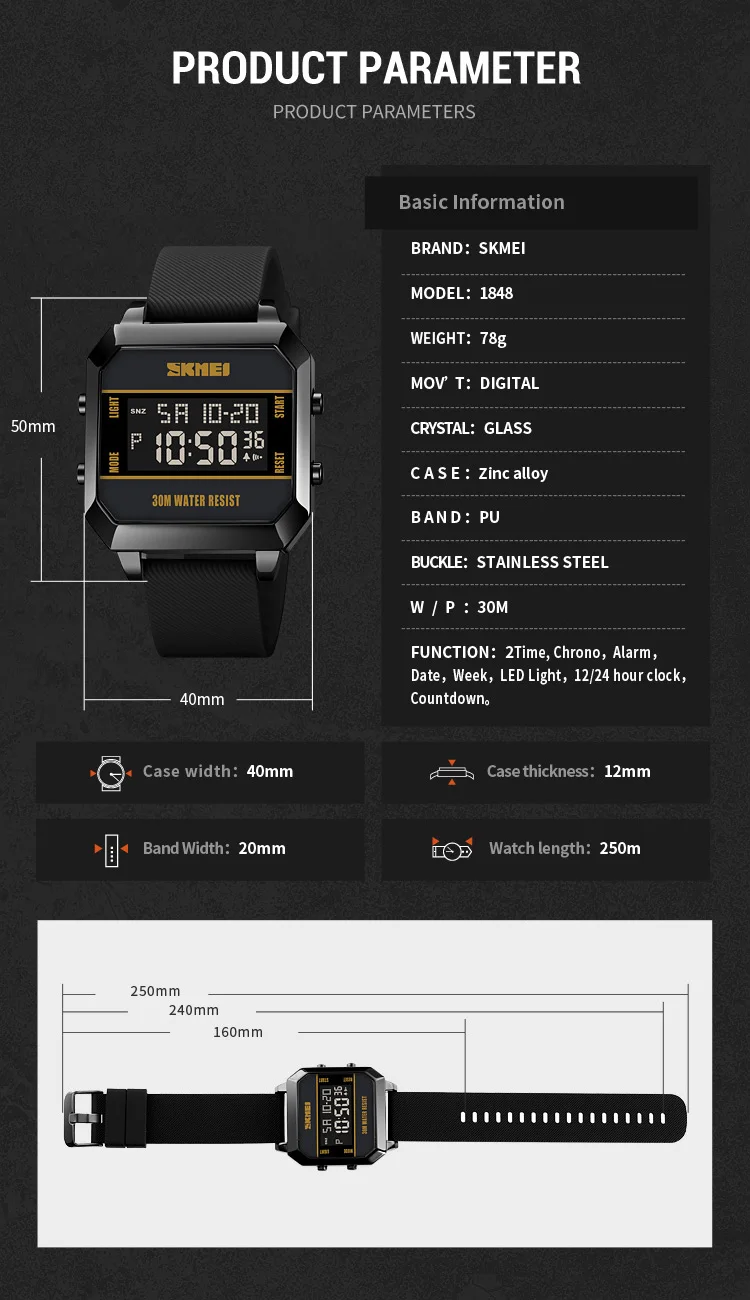 SKMEI Japan Digital movement Wristwatch For Mens Sport Watches 3Bar Waterproof LED Light Electronic Countdown Clock reloj hombre