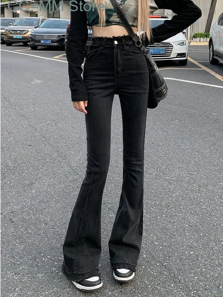 New Black Casual Jeans Women High Waist Chic Slim Flare Pants Female Streetwear Korean Fashion Denim Trousers Winter