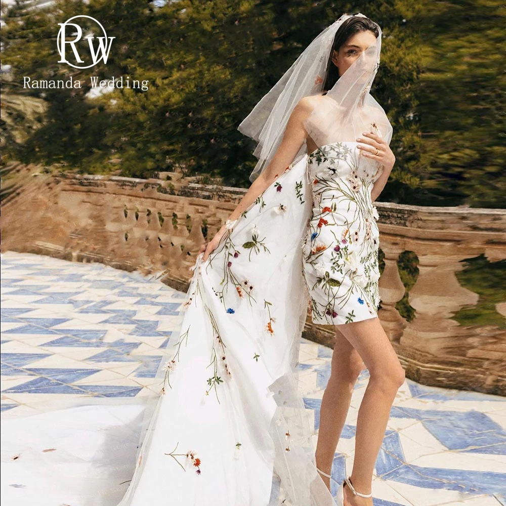 

Ramanda Detachable Long Train Floral Appliques Wedding Dress For Women Gorgeous Strapless Backless Bridal Gown Robe De Mariee