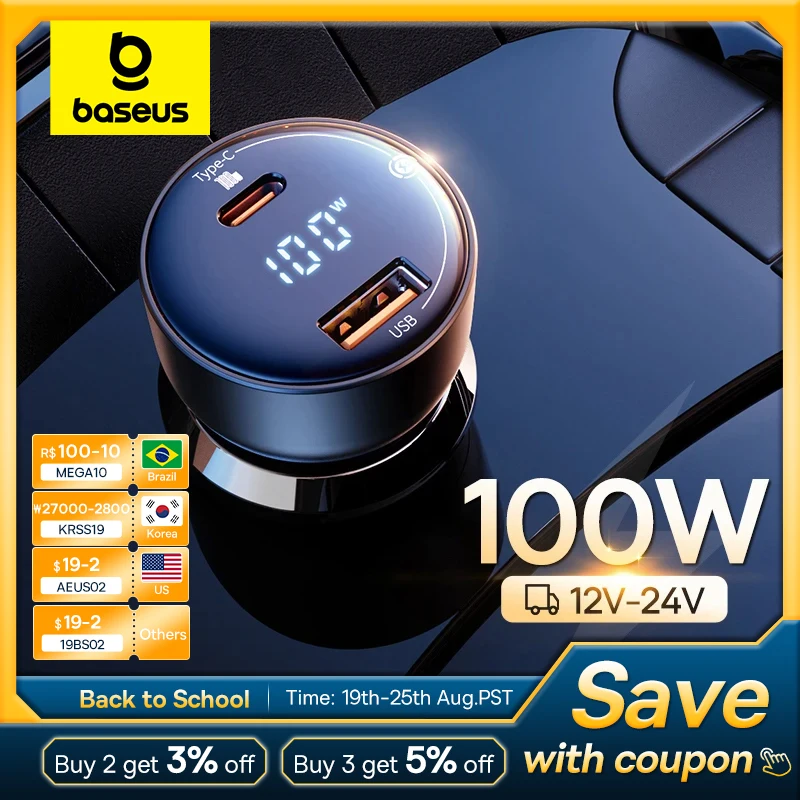 Baseus PD 100W Car Charger Quick Charge QC4.0 QC3.0 PD 3.0 Fast Charging For iPhone 16 15 14 13 Pro Max Samsung XiaoMi Phone