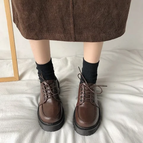 

Spring Autumn Women Oxford Shoes Flat on Platform Casual Shoes Black Lace Up Leather Shoes Sewing Round Toe zapatos mujer