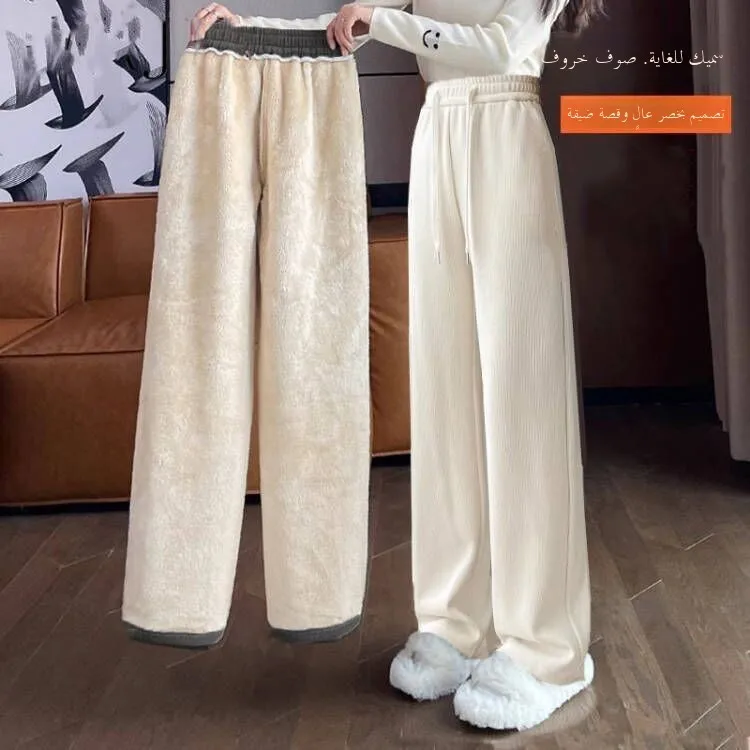 بنطلون نسائي واسع الساق من القطيفة المخملية السميكة، سروال كاجوال للخريف والشتاء، تصميم عصري بخصر مرتفع من ألياف البوليستر، د...