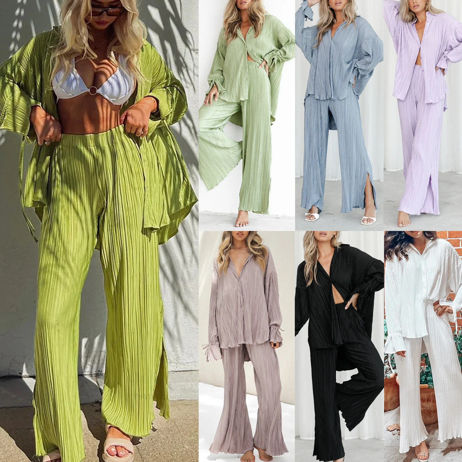 Women Two-piece Pleated Pants Suits Casual Chic Solid Color Long Sleeve Button Down Shirts and Straight Leg Trousers Set
