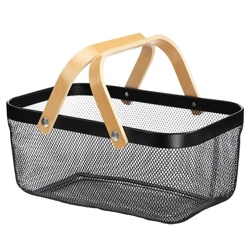 

Mesh Storage Basket Household Wire Mesh Storage Basket With Wooden Handle 40x25x17cm/15.74x9.84x6.7inch Fruit Vegetable Basket