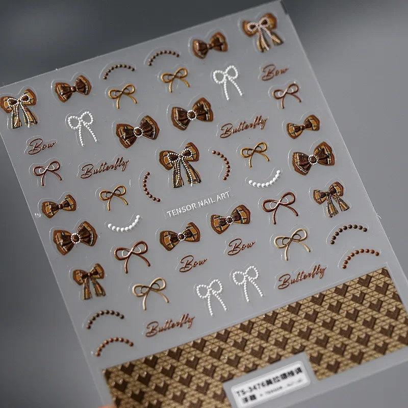 Vintage Bowknot Brown Love Heart Checkered Pattern 5D Embossed Reliefs Self Adhesive Nail Art Sticker Manicure Decals 5