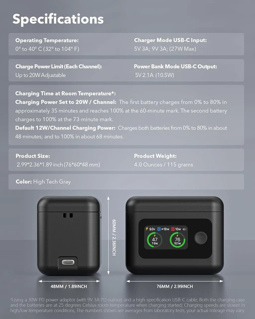 Insta360 X5 Battery Charger - 27W Dual Fast Charger With LCD Display, Shows Battery Health & SOC