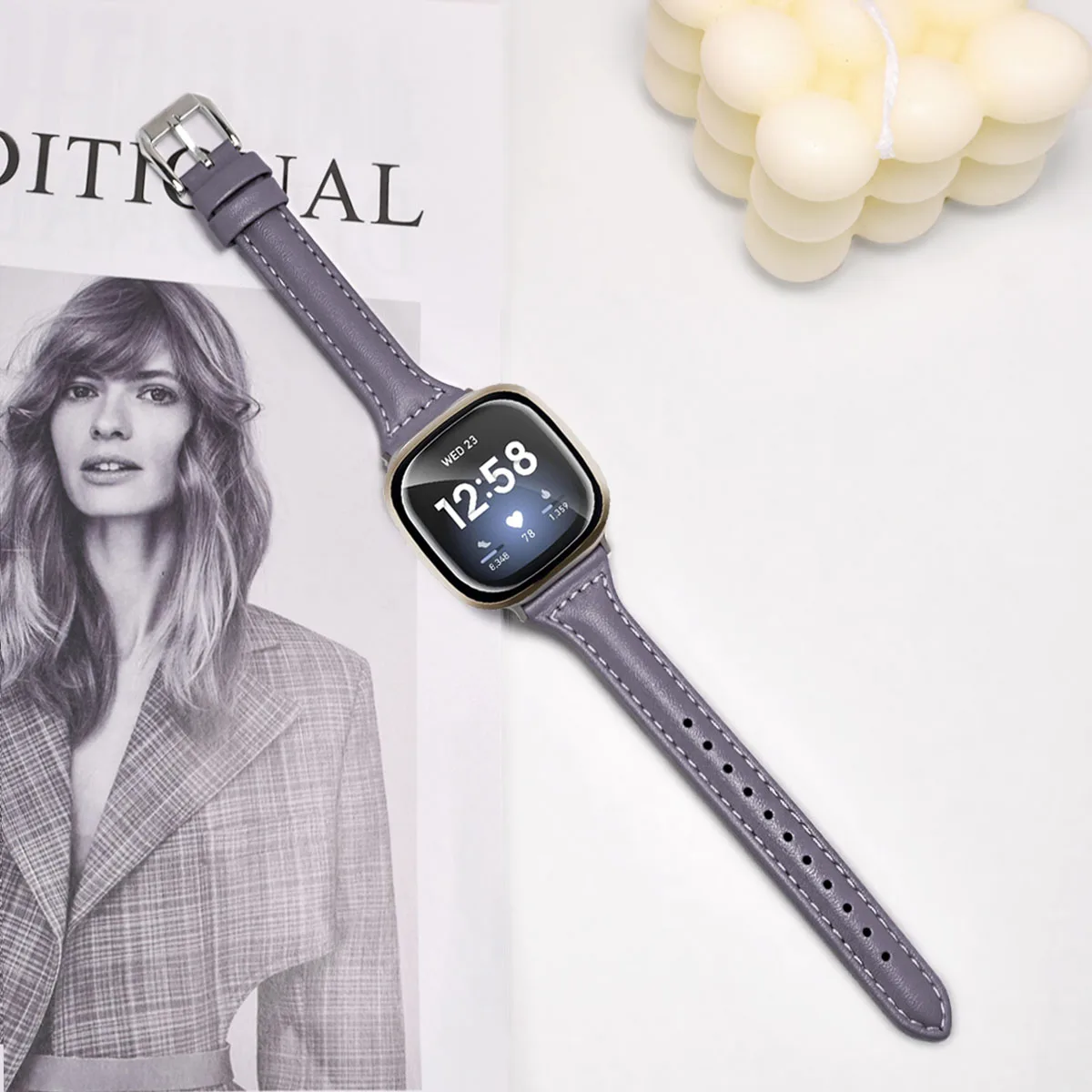 Elegant Leather Smart Watch Strap for Women - Premium Replacement Band for Fitbit Versa/Sense Series