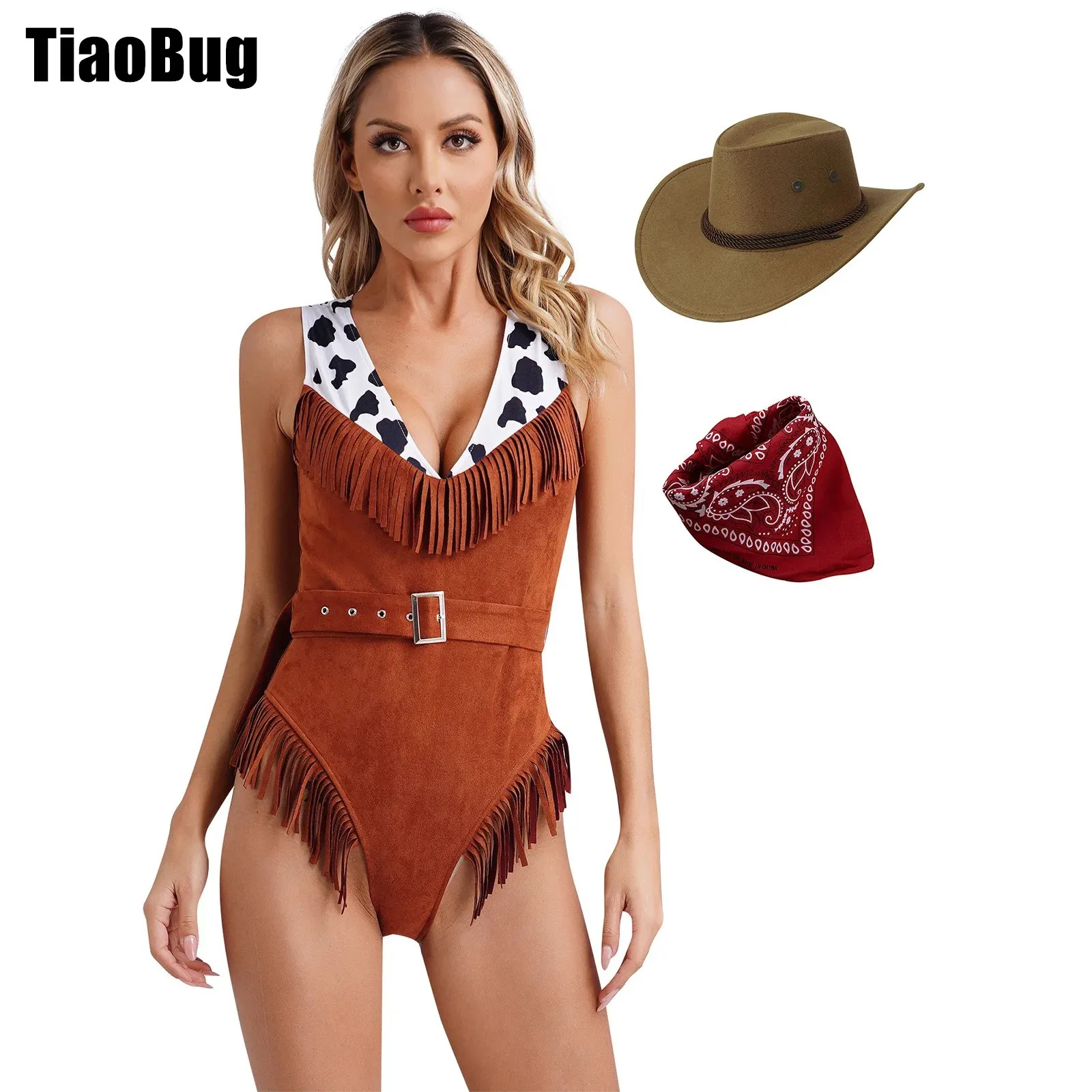 

Womens Cowgirl Costume Set Western Crazy Tassel Cosplay Costume V Neck Jumpsuit with Belt Print Bandanna Drawstring Cowboy Hat