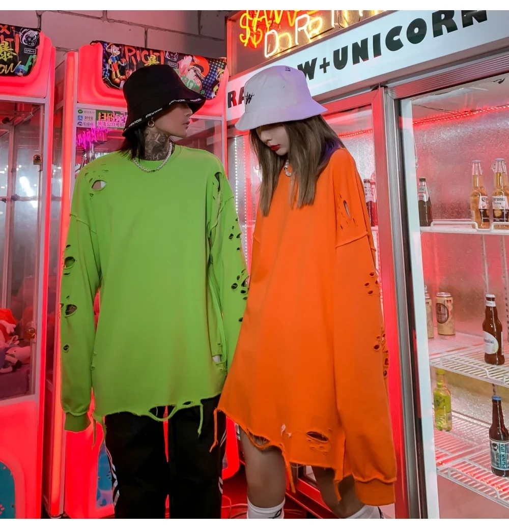 Camisolas rasgadas de manga comprida para homens e mulheres, pulôveres de ombro, streetwear com buracos rasgados, roupas grunge, sloth tops, primavera