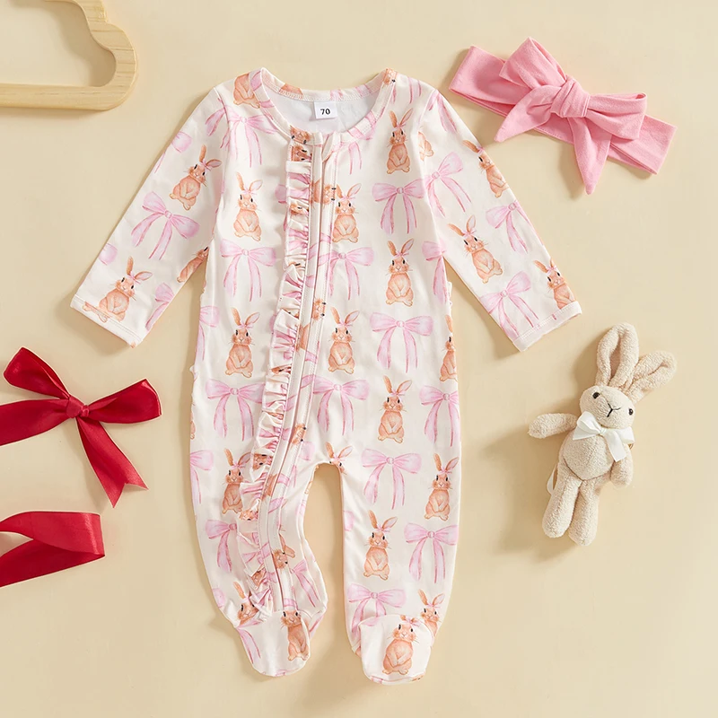 Baby Girls Easter Footie Romper Rabbit Bow Print Ruffled Zip Up Long Sleeve Fall Jumpsuits Headband baby rompers baby jumpsuit cotton jumpsuit baby clothing