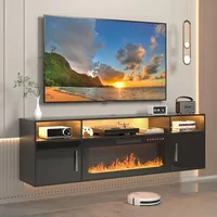 Floating TV Stand with Fireplace, 70" Floating TV Stand Wall with 36" Fireplace, Black Floating Electric Fireplace TV Stand 1