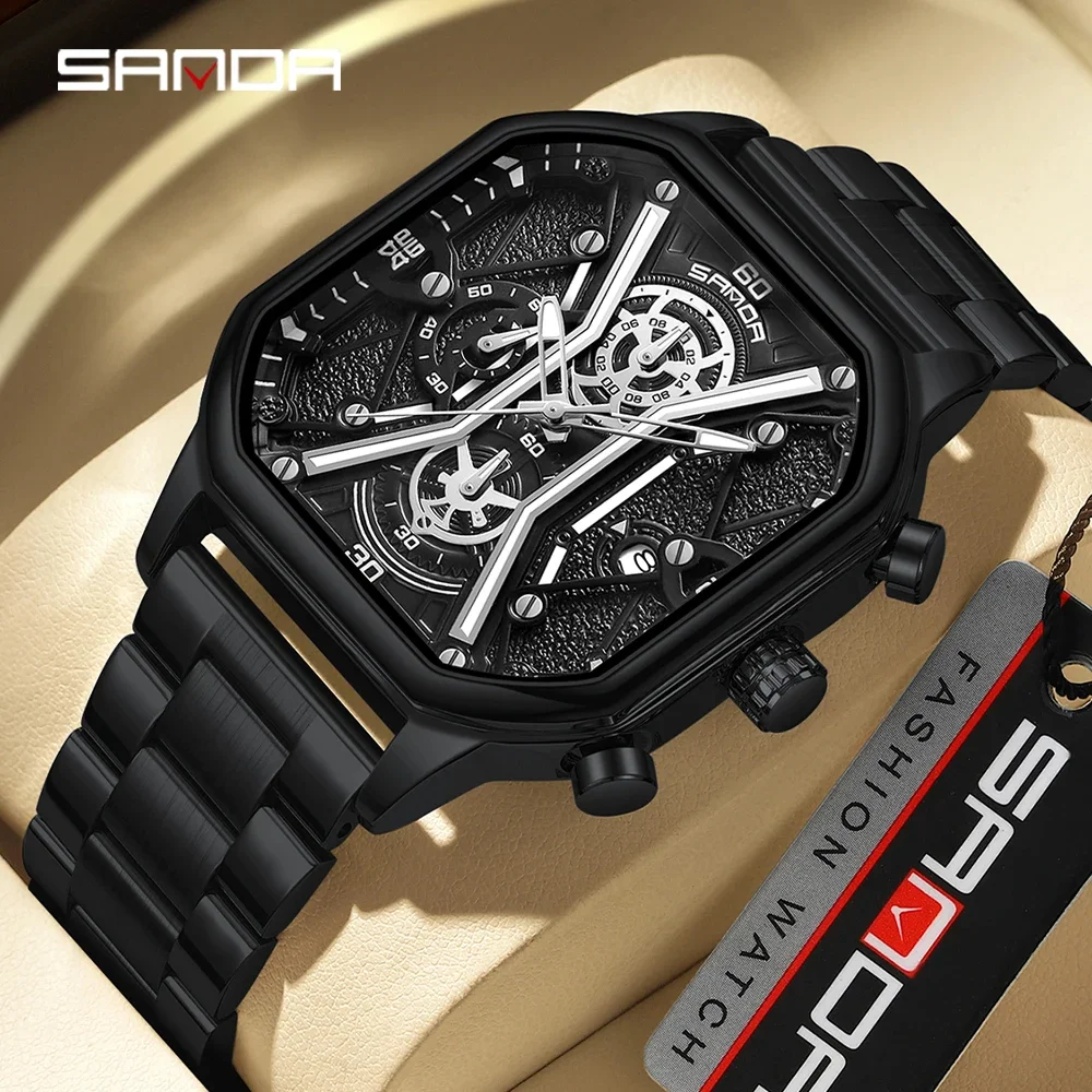 

SANDA Luxury Watch Business Waterproof Male Clock Luminous Date Stainless Steel Square Quartz Men Wristwatches Reloj Hombre 7057