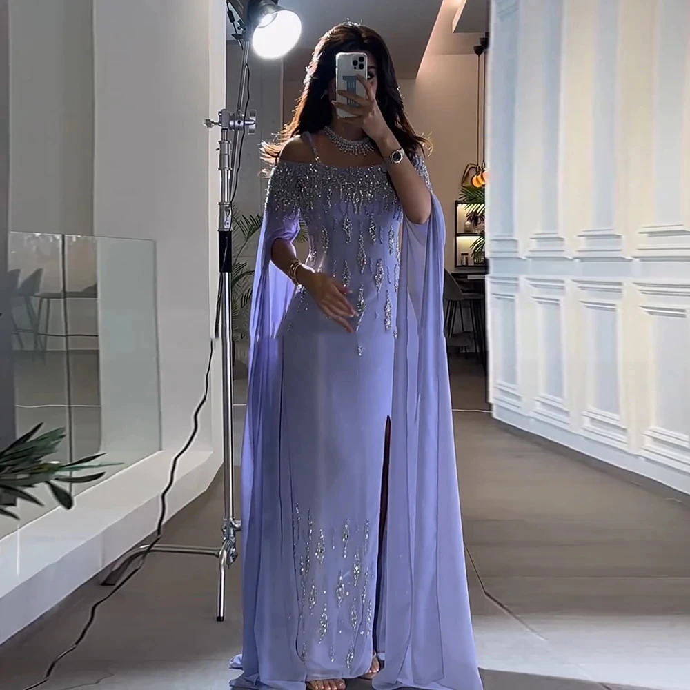 Elegant Arabic Lilac Mermaid Evening Dress with Cape Sleeves For Women 2024 Luxury Dubai Beaded Women Wedding Formal Party Gowns