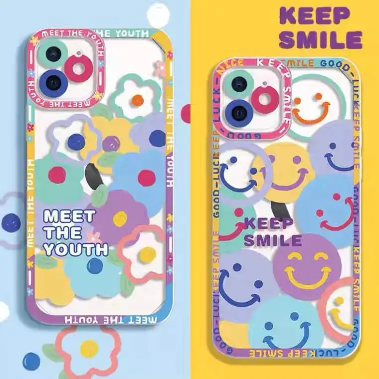 Cute Catoon Colorful Flowers Smile Clear Phone Case Per Samsung S 20 21 22 23 Plus S 22 23 Ultra S21Fe Luxury Clear Soft Cover