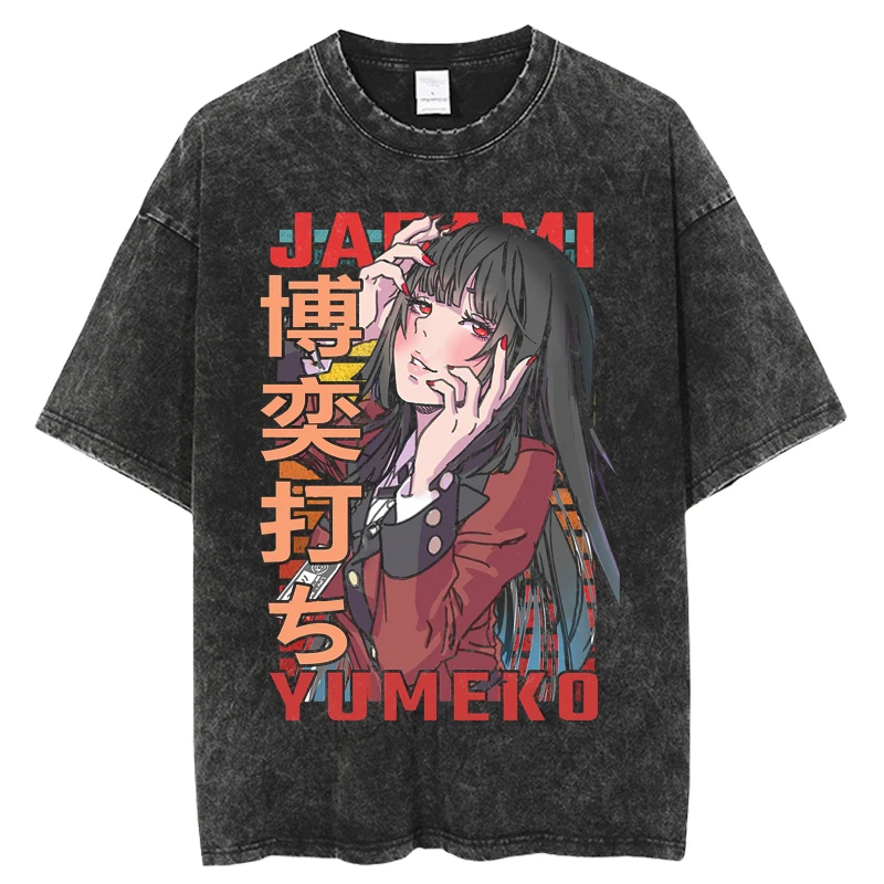 

kakegurui Anime Vintage Washed T-shirt for Men Printed Short Sleeve Streetwear Cotton Retro Loose Tshirt Unisex Top Tee