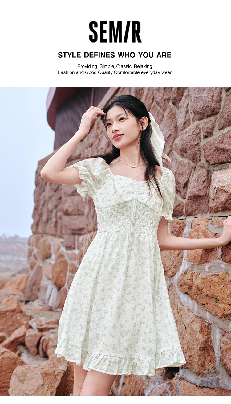 Ruffled Hem Chiffon Mini Skirt Women Floral Print Short Dress New Square Neck Waist-drawing Romantic Dress