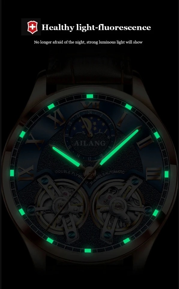 AILANG 8822 Herren Automatikuhr mit Doppel-Tourbillon, Skelett-Zifferblatt, Leuchtfunktion, wasserdicht, luxuriöse Business-Armbanduhr für Herren – Detail 10