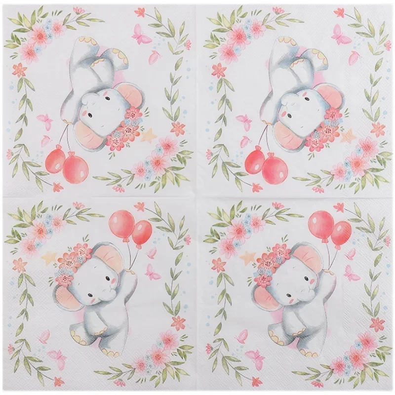 20pcs/pac 33cm Party Tissue Paper Color Napkins Printed Pure Wood Pulp Paper Cartoon Cute Little Elephant Food Grade Towel