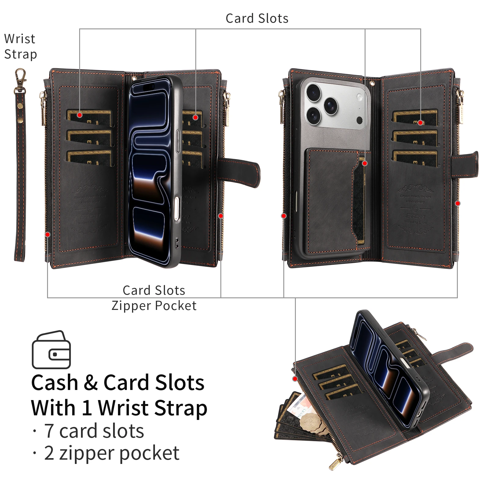 Stylish Faux Leather Wallet Phone Case with Lanyard - Shockproof and Elegant Design