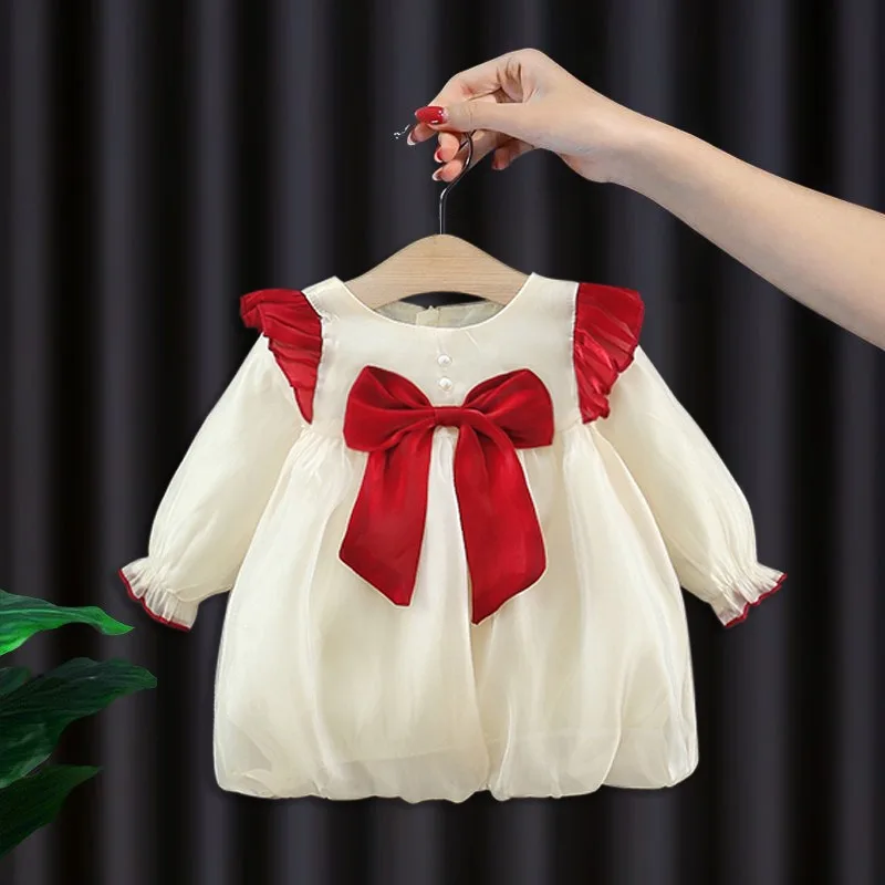 

New Girls Spring Autumn One Piece Lantern Skirt Bow Soft Full Sleeve Sweet O-neck Lovely Outdoor Fashion