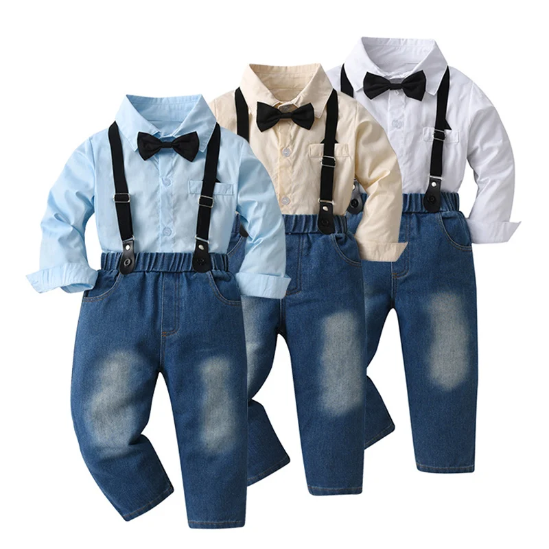 

Autumn Baby Boy Clothes Set Kids Gentleman Bowtie Shirt Suspender Jeans Suit Toddler Clothes Outfit Birthday Party Dress 1-6Y