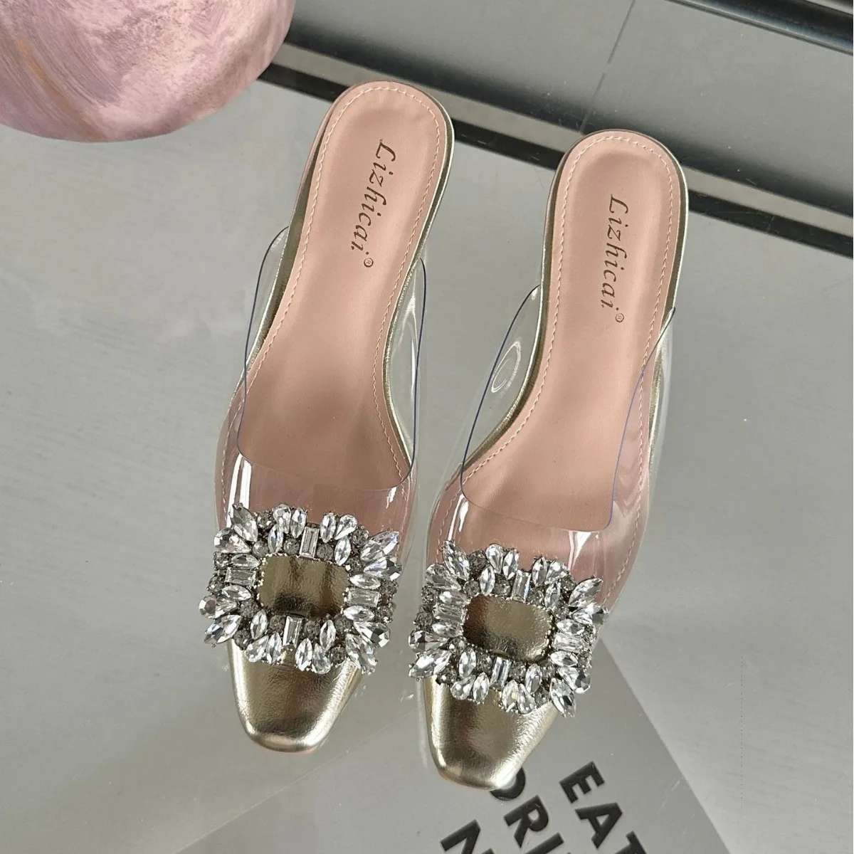 2024 New Summer Net Red Headed Sandals Transparent Crystal Fairy Style Pointed Thick Heels High Heels