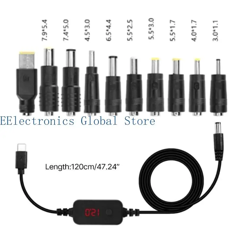 462B PD toDC 전원 어댑터 케이블 USB C 수-수 코드 5V, 9V, 12V, 15V, 20V 조정 가능한 출력 전압(10개 어댑터 포함)