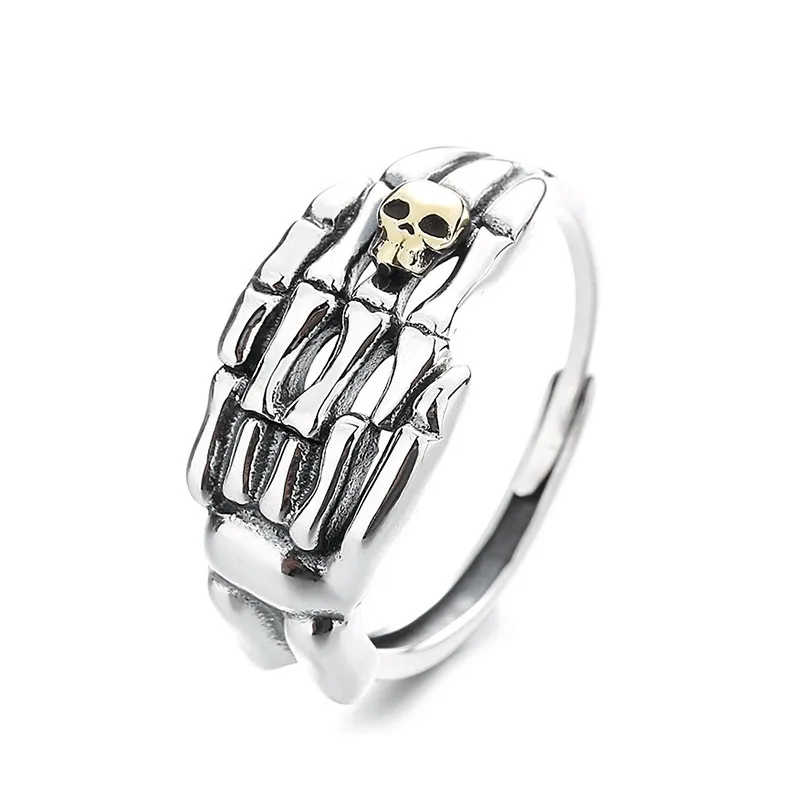 

715JMZFSILVER Silver 925 Fashion Trend Adjustable Hip-hop Punk Retro Creative Dark Palm Skull Ring For Men Women Wedding Jewelry