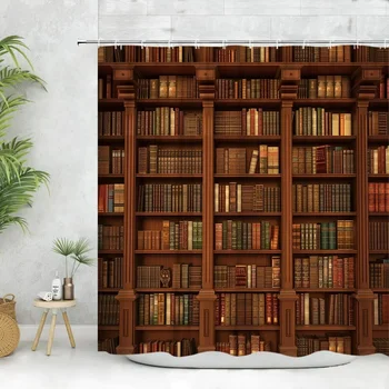 Vintage Library ผ้าม่านหนังสือเก่าชั้นวางหนังสือเทียน Magic ไม้โบราณผ้าโพลีเอสเตอร์ห้องน้ํา Decora ผ้าม่านล้างทําความสะอาดได้ 1
