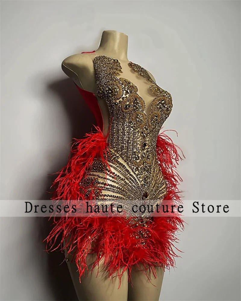 Evening Dresses Sparkly Gold Diamond Short Prom Dresses For Black Girls Red Feather Mini Cocktail Dresses Birthday Party Homecoming Dress
