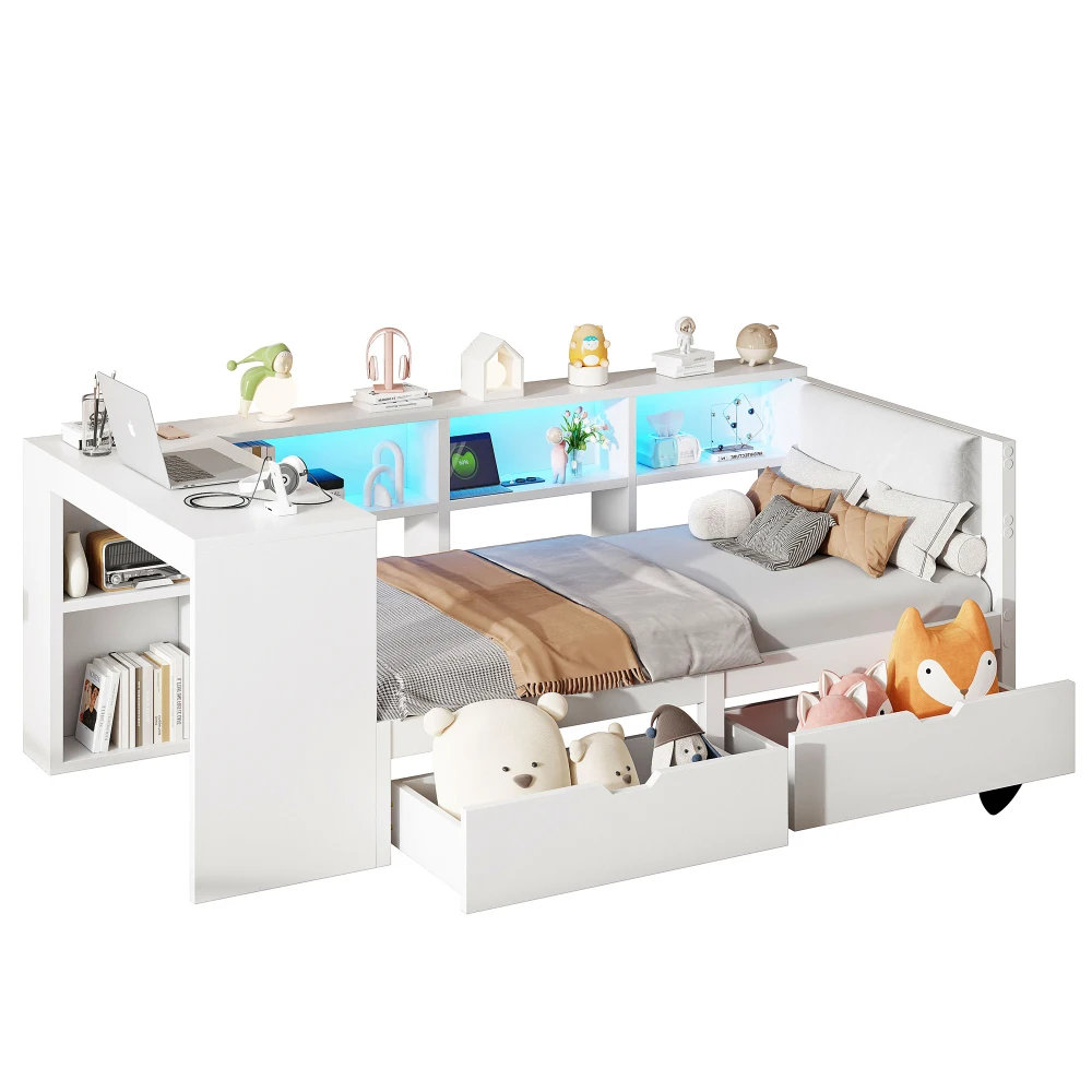 90x200 Plattformbett aus Holz mit Stauraumbereichen, Schubladen, Ladestation und gepolstertem Kopf, mit bunten LED-Leuchten, Weiß – Detail 9