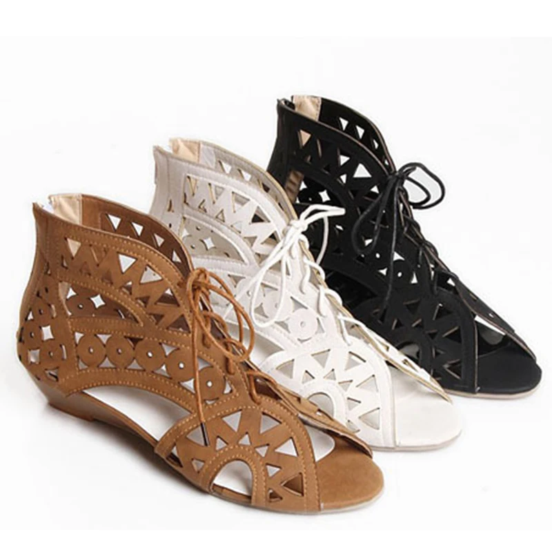 Women Sandals ENMAYER Fashion Cut-outs Lace Up Sandals Open Toe Low Wedges Bohemian Summer Beach Woman