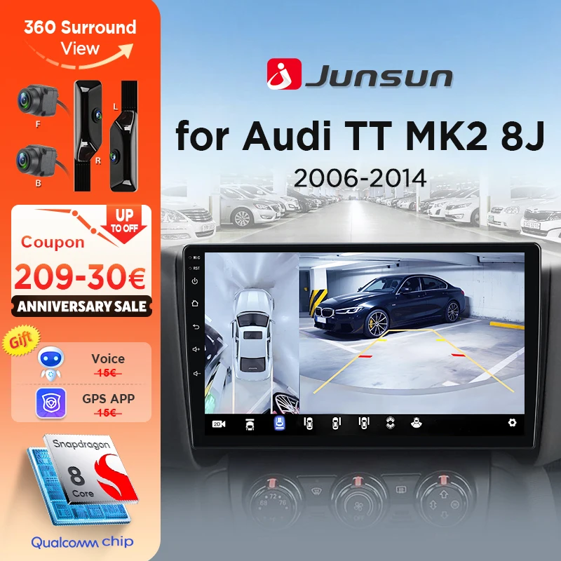Junsun 360 ° Panoramakamera-Autoradio für Audi TT MK2 8J 2006-2014, kabelloses CarPlay, Android Auto, Stereo, GPS-Navigation, RDS, WiFi, integriertes 4G, Cloud, eSIM