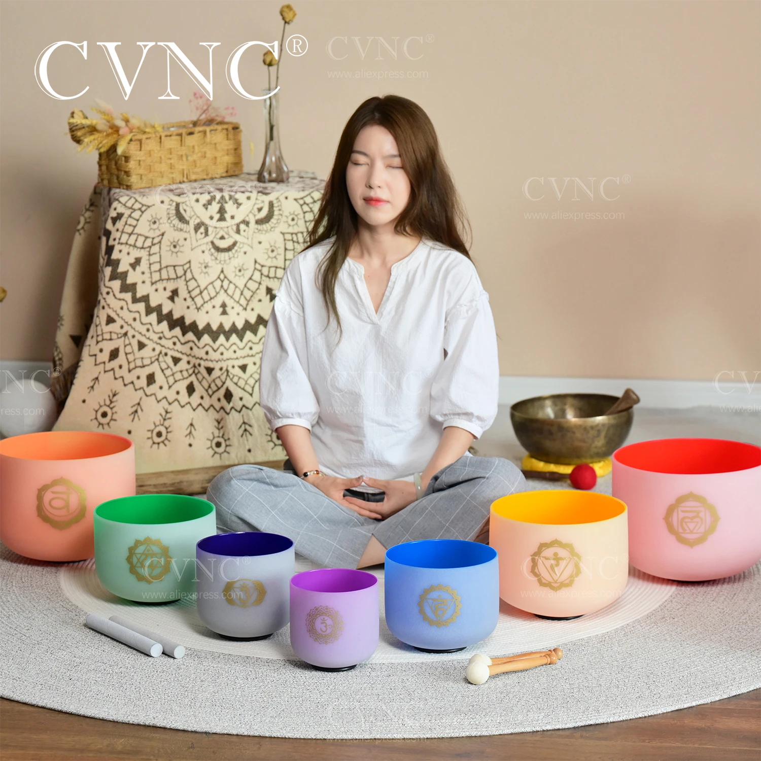 

CVNC 6-12Inch Colored Chakra Design Frosted Quartz Crystal Singing Bowl 7 Pcs For Sound Healing Meditation with Free Carry Bags