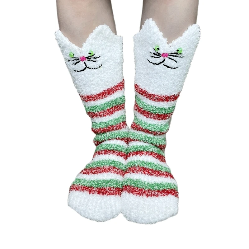 

Women Men Christmas Holiday Socks Colorblock Striped Cute Kitten Leg Warmer P8DB