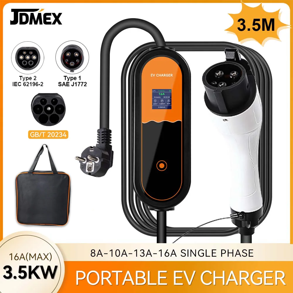 JDMEX3.5KWPortableCarChargerType2EVChargerType1GBT85-265V16A1PhaseFastChargingEUPlug3.5MforElectricVehic